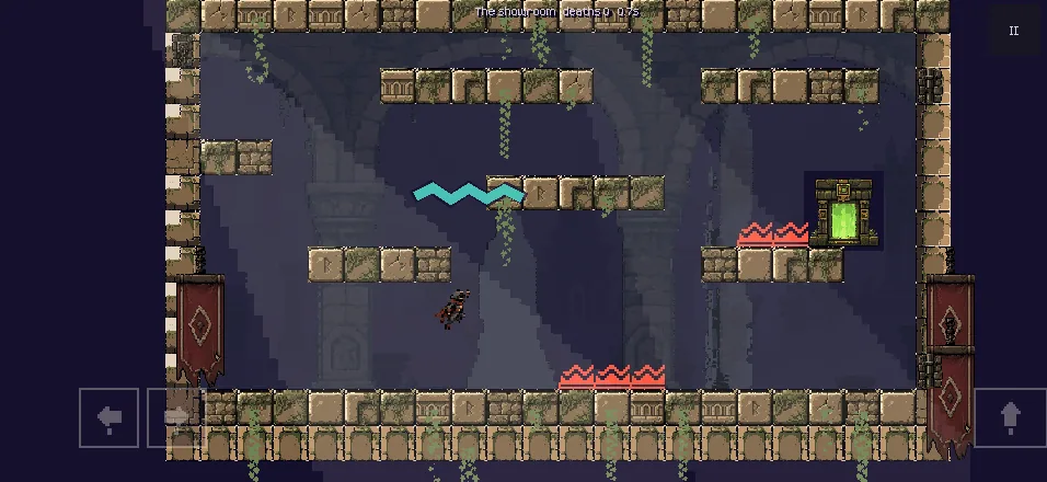 A stone room with ledges, spikes and a lit doorway